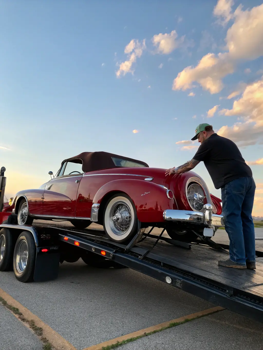 A photograph of a classic car being carefully loaded onto a transport truck, emphasizing the specialized handling required for vintage and collectible vehicles by Company International Export LLC.
