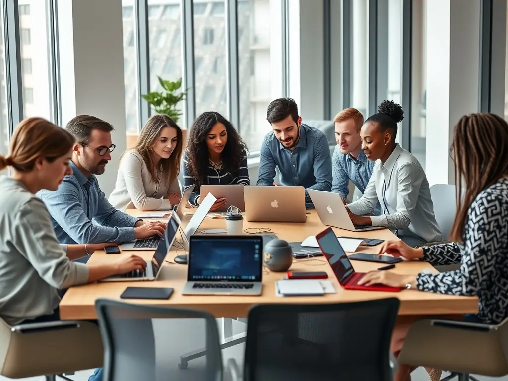 A modern office space with a team collaborating on digital marketing strategies, showcasing data analytics dashboards and creative content development on multiple screens.