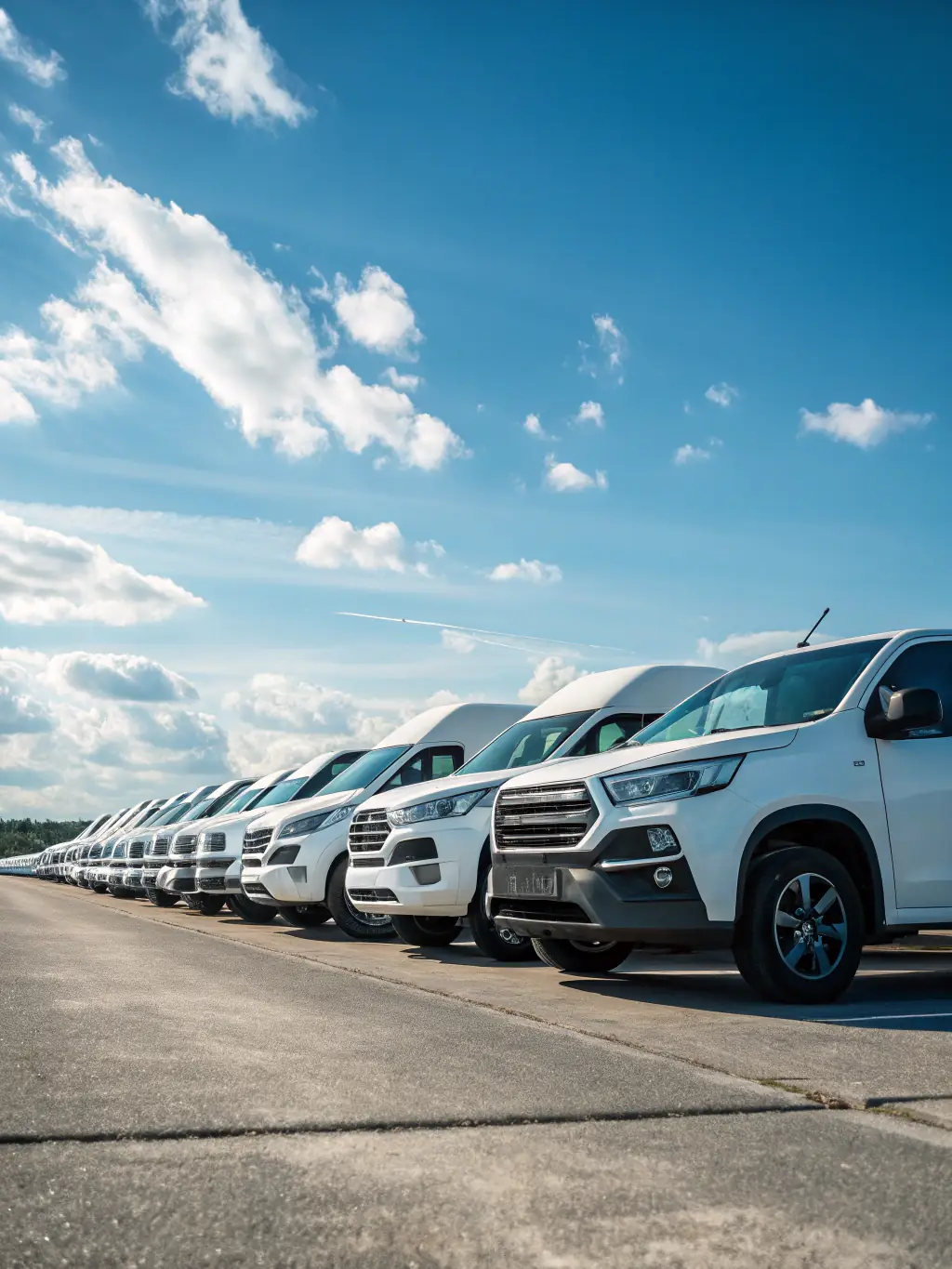 A professional photograph of a fleet of well-maintained commercial vehicles (vans, trucks) ready for rental, parked neatly in a designated area, highlighting the variety and quality of rental options at Company International Export LLC.
