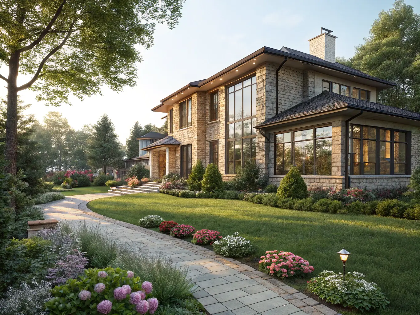 A residential property with a well-kept lawn and garden, representing property management services. The image should convey a sense of care and attention to detail.