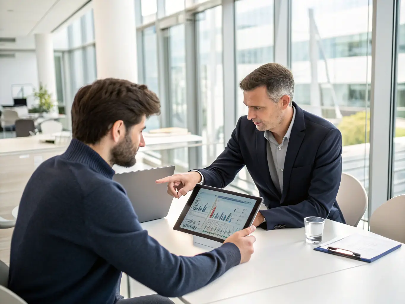 A professional IT consulting image showing a consultant advising a client on technology solutions, data security, and infrastructure optimization in a corporate setting.