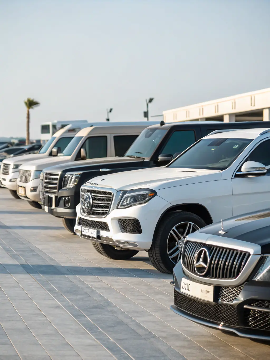 A high-quality photograph showcasing a variety of luxury vehicles being prepared for export at a shipping port, emphasizing the care and attention to detail in handling high-value assets for Company International Export LLC.